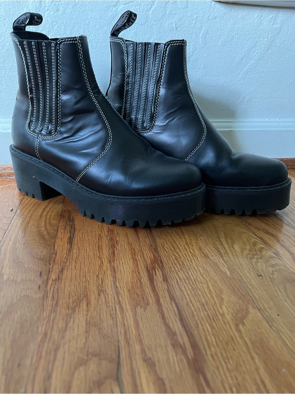 Dr. Martens Black Leather Platform Chelsea Boots with Contrast Stitching